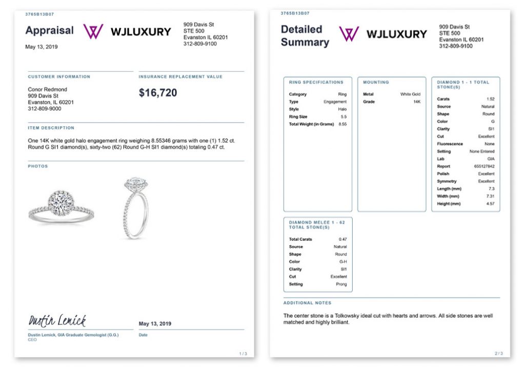 jewelry appraisal documents for diamond ring