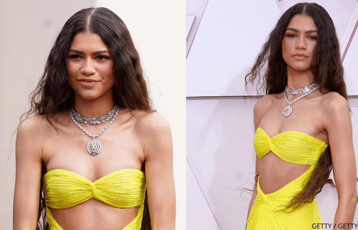 Zendaya wearing three stacked necklaces at the 2021 Oscars