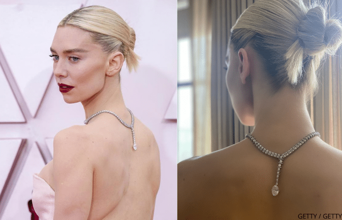 Vanessa Kirby wearing a diamond necklace at the 2021 Oscars
