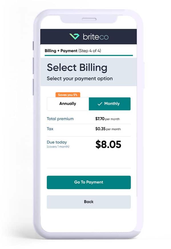 Example of Monthly pay option for Jewelry insurance on a mobile phone