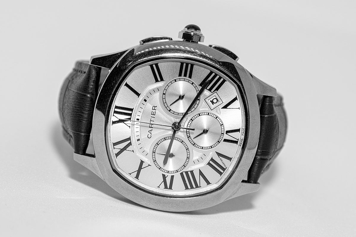 Monochrome Cartier Drive De Cartier Chrono Golden Steel Men's Watch with brown leather strap