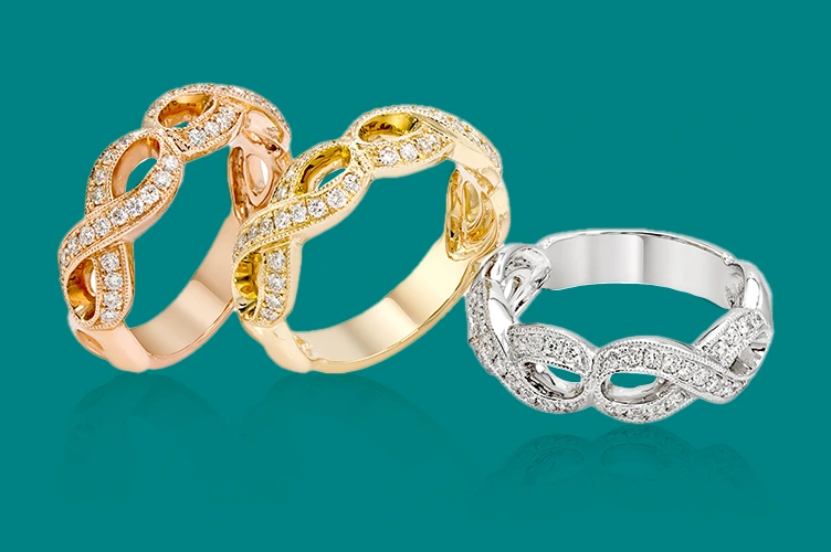 Rose gold, yellow gold, and white gold diamond infinity rings