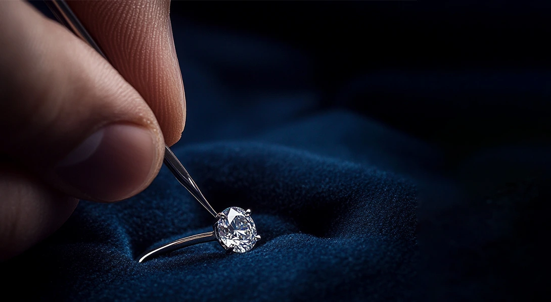 Jeweler in dark room looking at ring under light