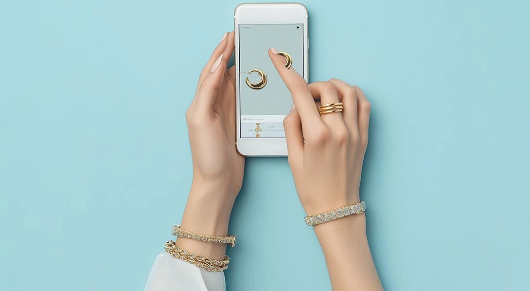 Woman looking at jewelry website on laptop