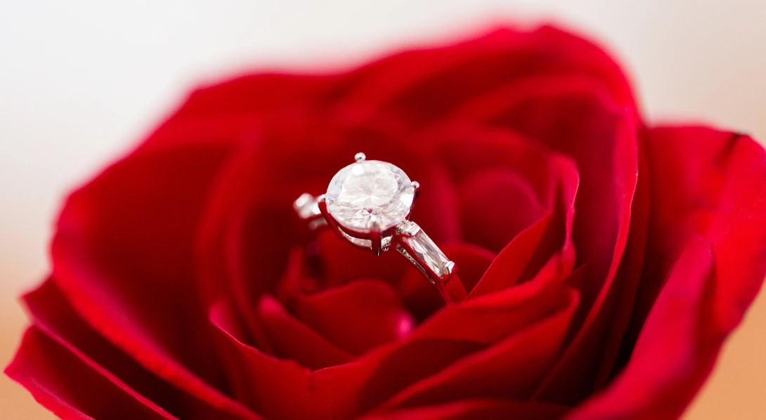 Diamond engagement ring on flower