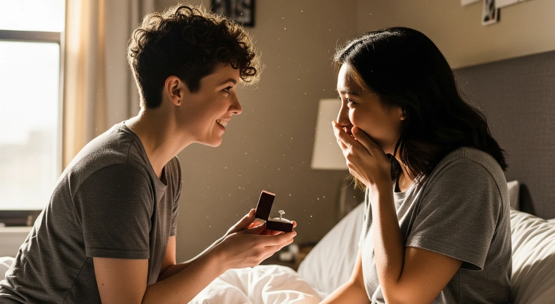 Happy couple with woman wearing engagement ring