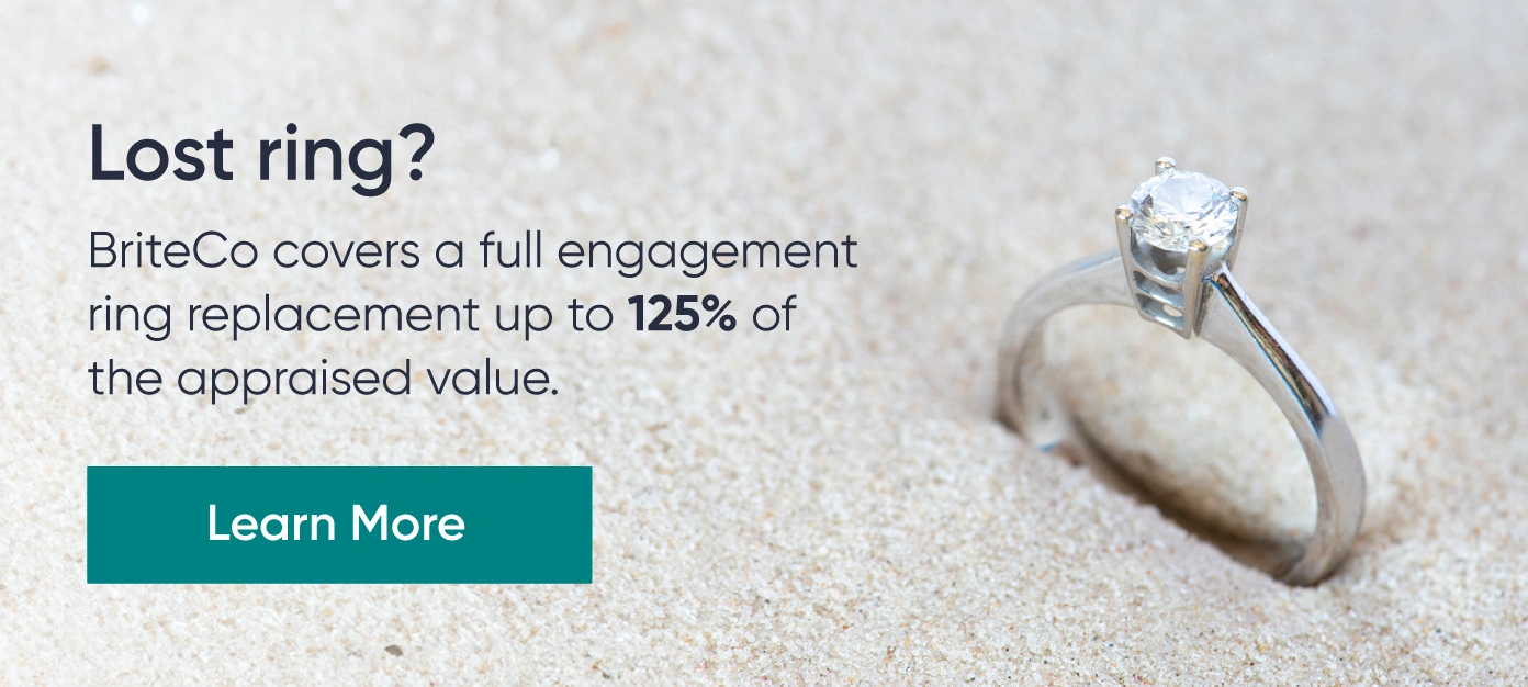A graphic shares the benefit of jewelry insurance, offering a replacement engagement ring up to 125% of appraised value.