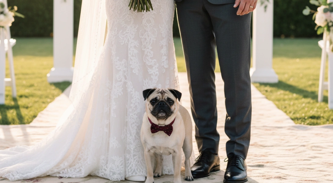Dog next to bride and groom