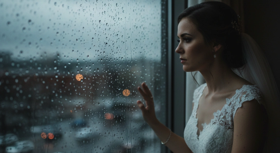 Bride looking through rainy window