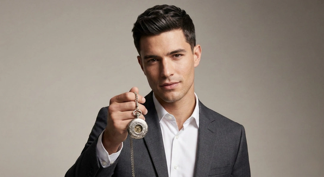 Man in suit looking down at pocket watch