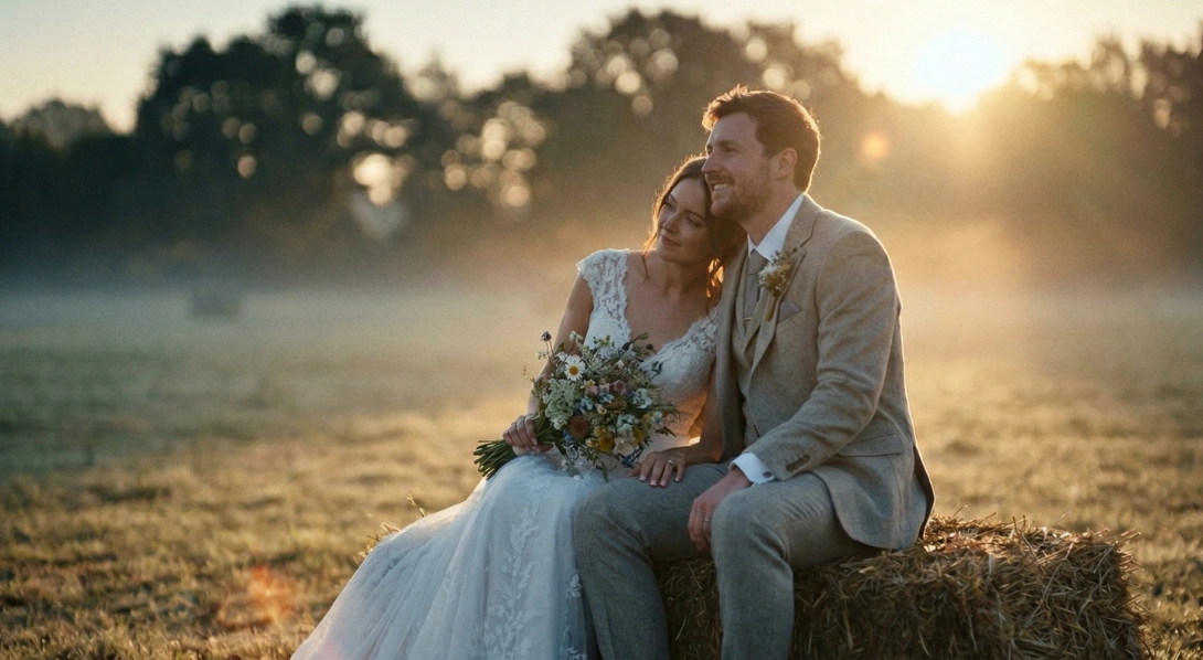 Bride and groom sitting on top of hay bale