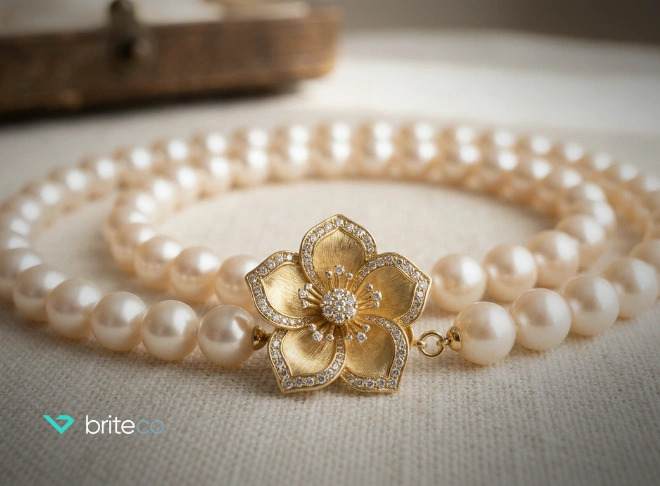 Pearl necklace with flower gold clasp