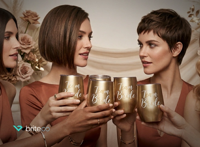 Women’s hands toasting with Team Bride cups
