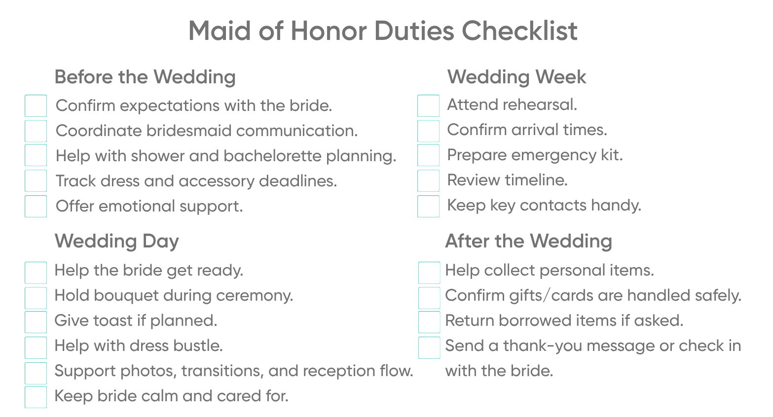 Maid of Honor Duties Checklist